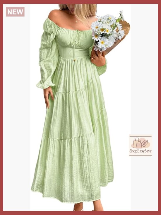 Dresses & Skirts - Tiered Maxi Dress Off Shoulder Smocked Flowy Boho Cottagecore Long Sleeve